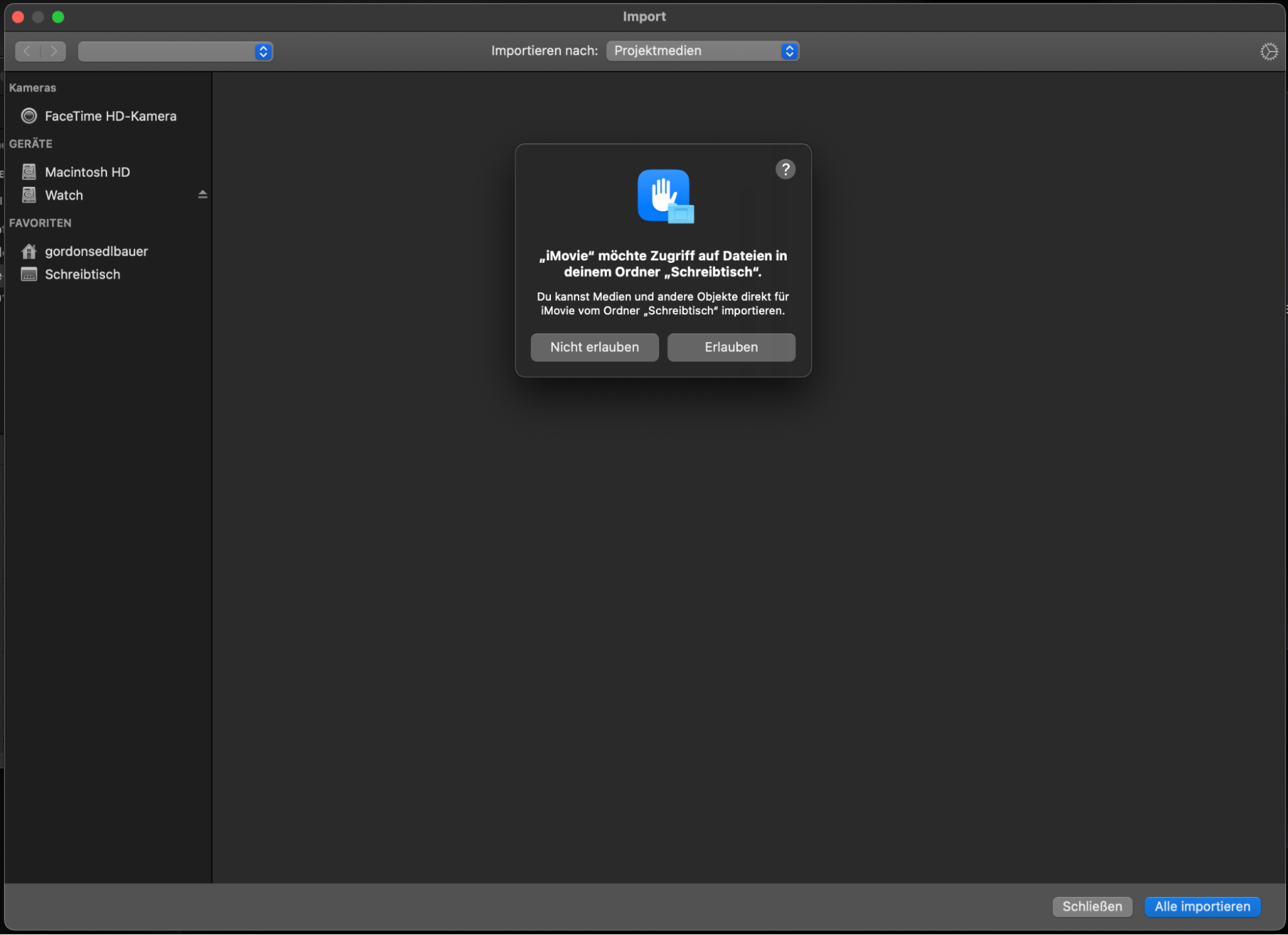 Das Bild zeigt ein Pop-up-Fenster für Berechtigungen in iMovie. Durch die Gewährung des Kamerazugriffs können Benutzer ein Video in iMovie auf einem Mac aufnehmen. Das Bild zeigt ein Pop-up-Fenster für Berechtigungen in iMovie. Durch die Gewährung des Kamerazugriffs können Benutzer ein Video in iMovie auf einem Mac aufnehmen.