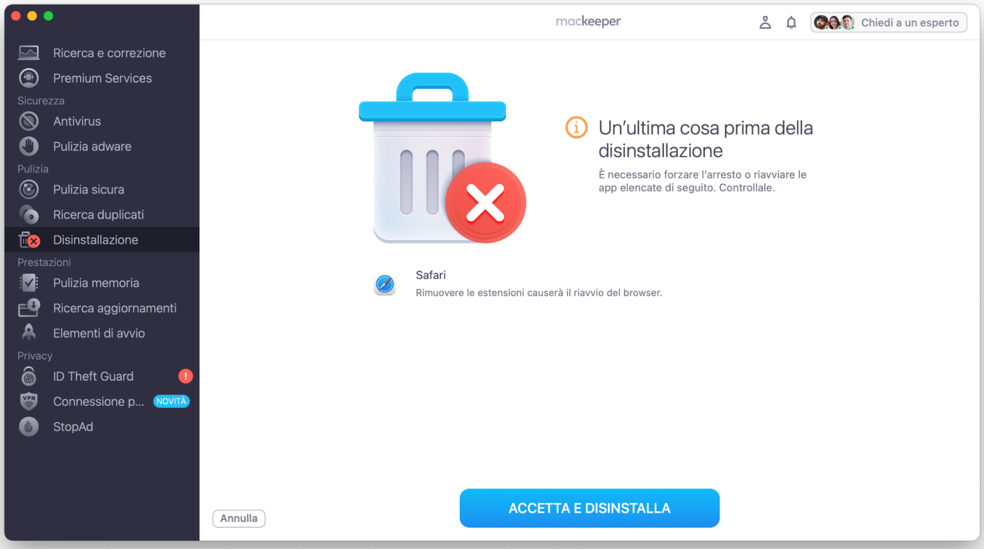 Infine, rivedi i risultati e fai clic su Accetta e Disinstalla per rimuovere dal tuo Mac le estensioni del browser problematiche.