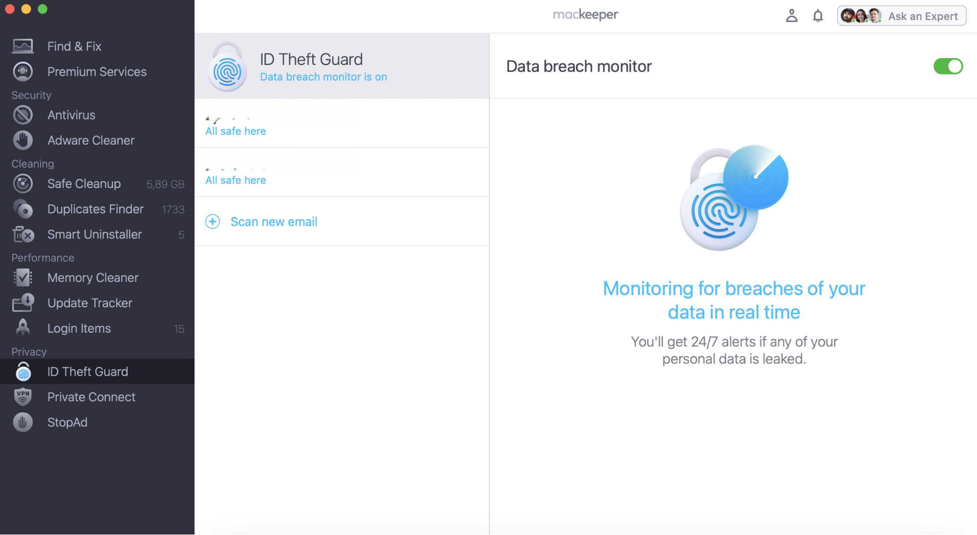 To monitor data breaches, run MacKeeper and select ID Theft Guard. The press the Scan new email button.