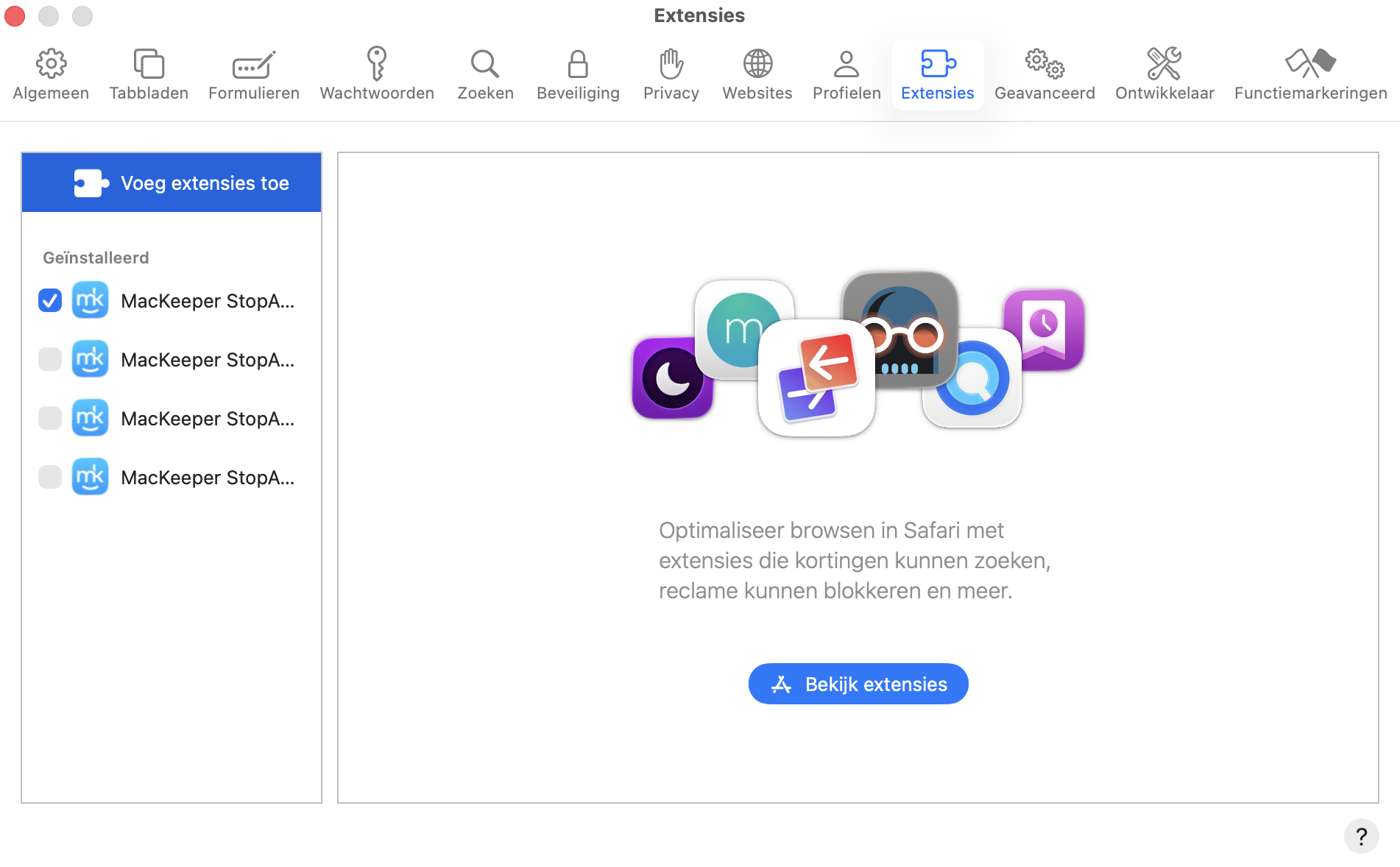 Selecteer het tabblad Extensies om de volledige lijst met geïnstalleerde en actieve Safari-extensies te bekijken.