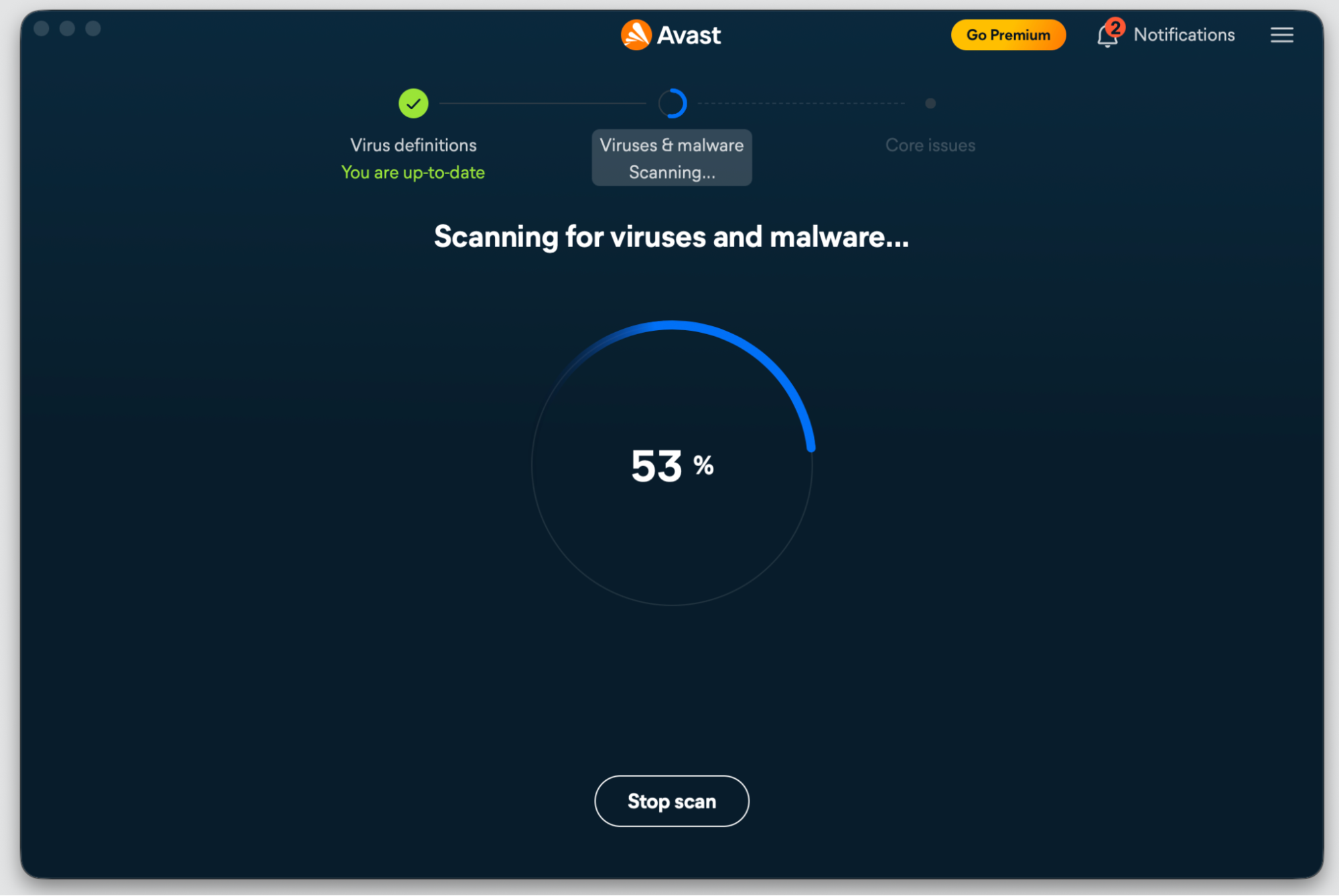 Avast app on an iMac scanning for viruses and malware at 53 percent while checking the Mac for a bad search engine and threats.