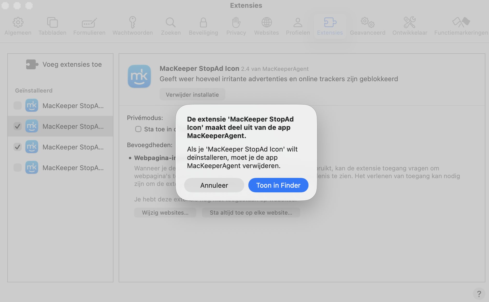 Klik op de knop Toon in Finder, en macOS laat zien waar de Safari-extensie is geïnstalleerd. Verwijder deze vervolgens gewoon zoals je elk ander bestand of elke andere app zou verwijderen.