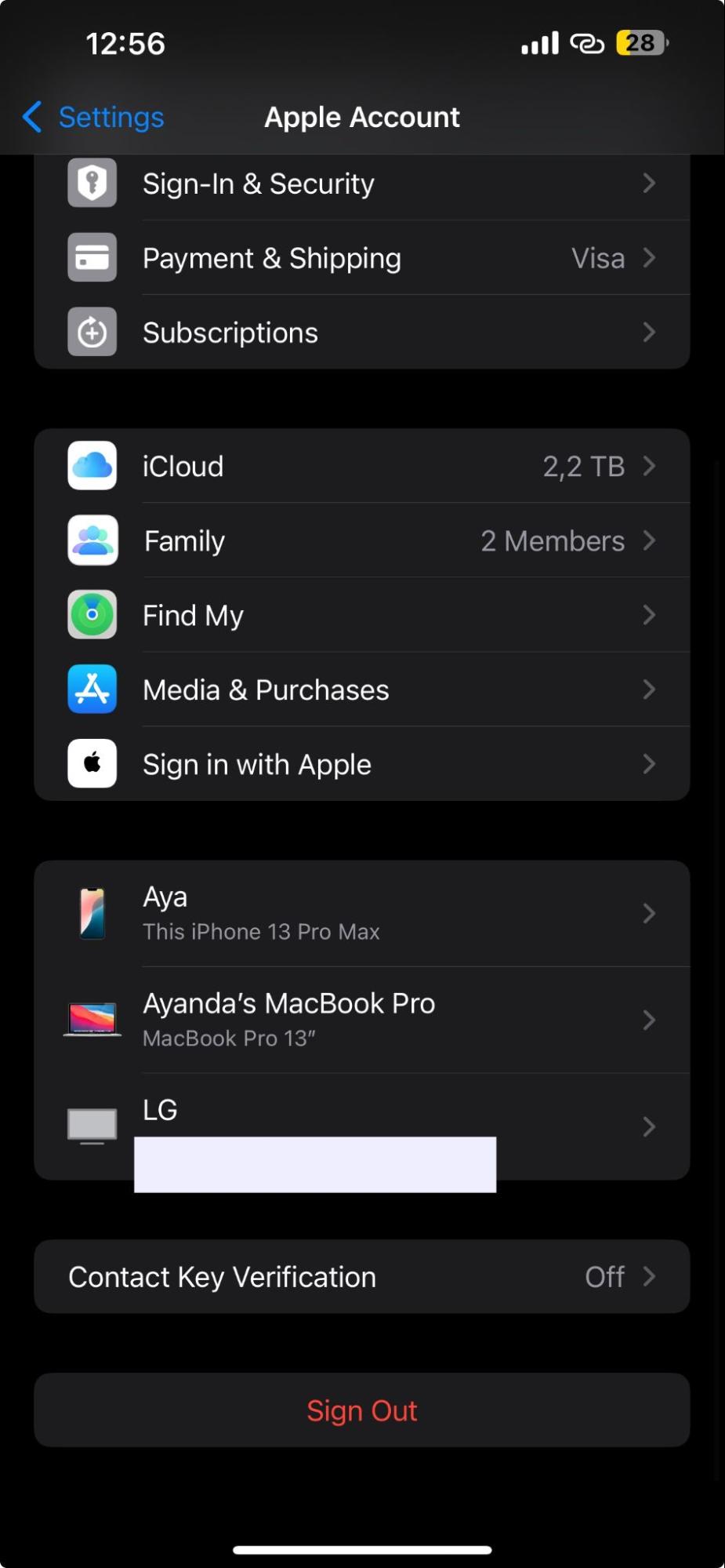 The Apple account page is opened on an iPhone. Check the device list to see if your Mac is still associated with your iCloud.