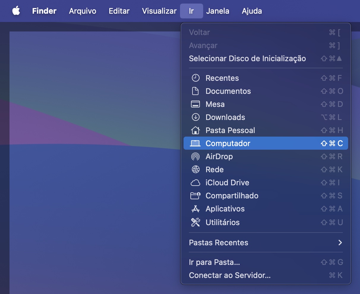 Para começar a limpar manualmente os caches dos aplicativos, abra o Computador a partir da aba Ir na barra de menus.