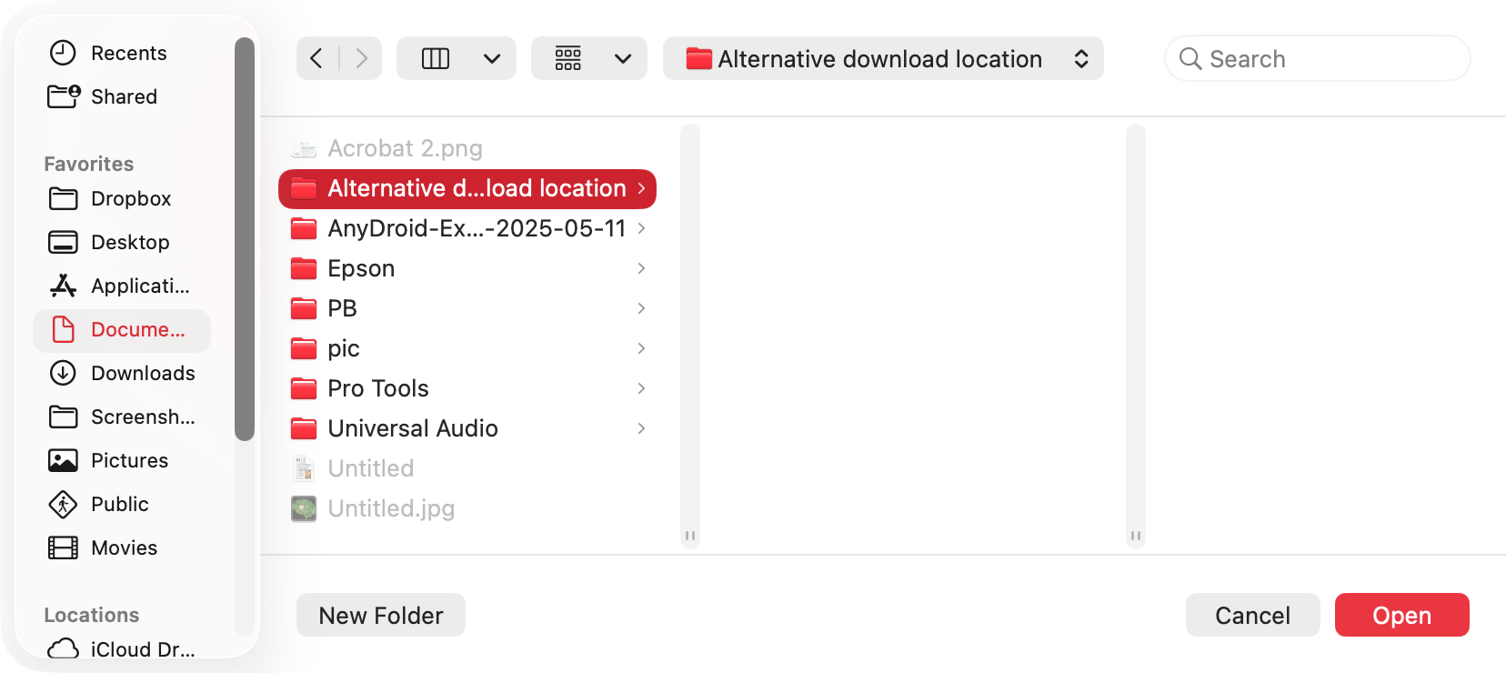 You'll now see a Finder window within Firefox. Use this window to choose where you want Firefox to download files to, and click the 'Open' button.