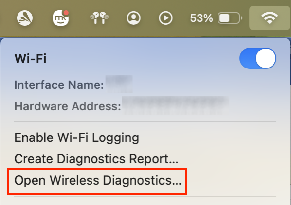 To identify the source of the Internet issue on your Mac, click the Wi-Fi logo in the menu bar while holding the Option key, then select Open Wireless Diagnostics