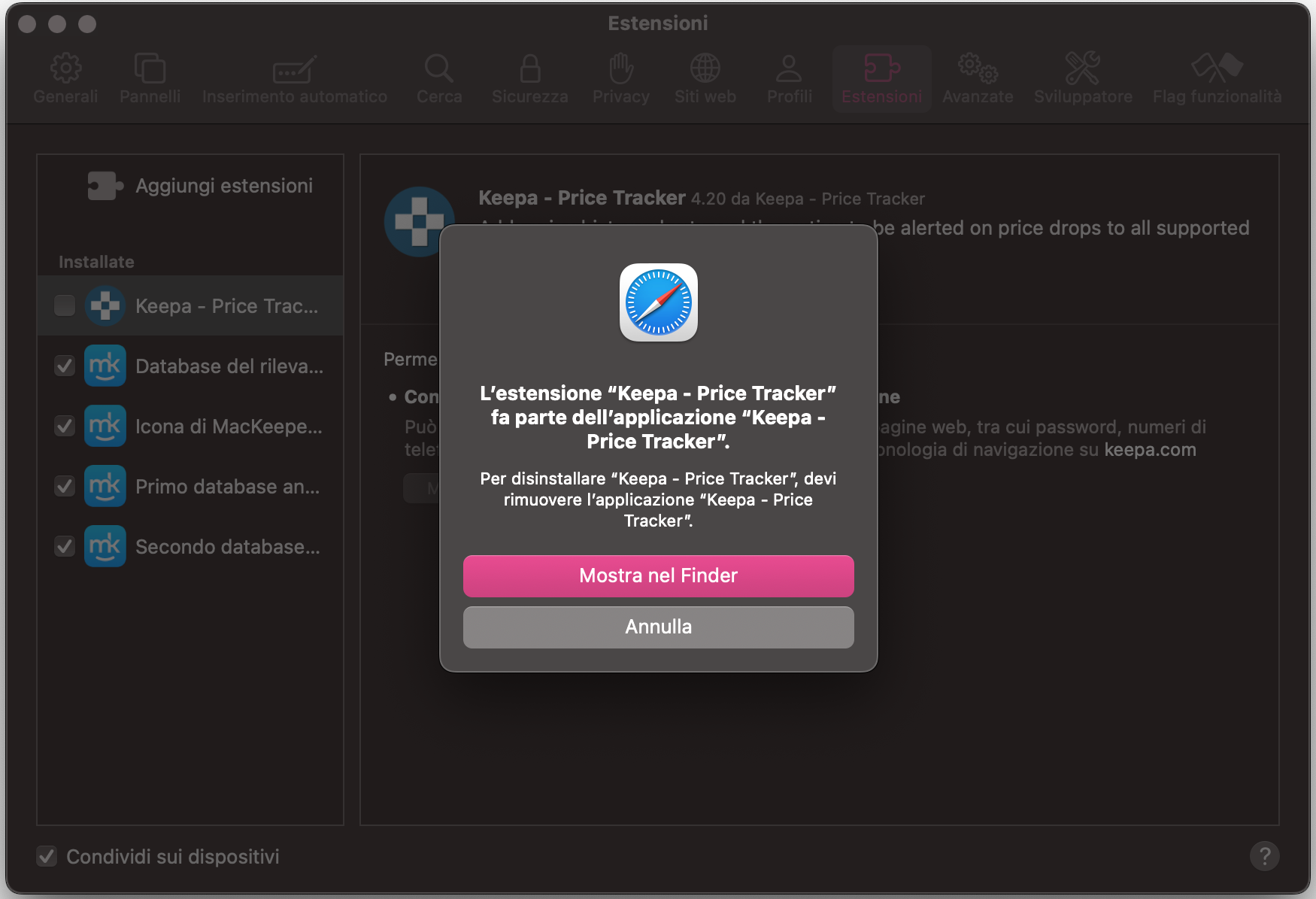 Safari su Mac mostra una finestra per rimuovere un’estensione. Fai clic su Mostra nel Finder per rimuovere l’estensione da lì.