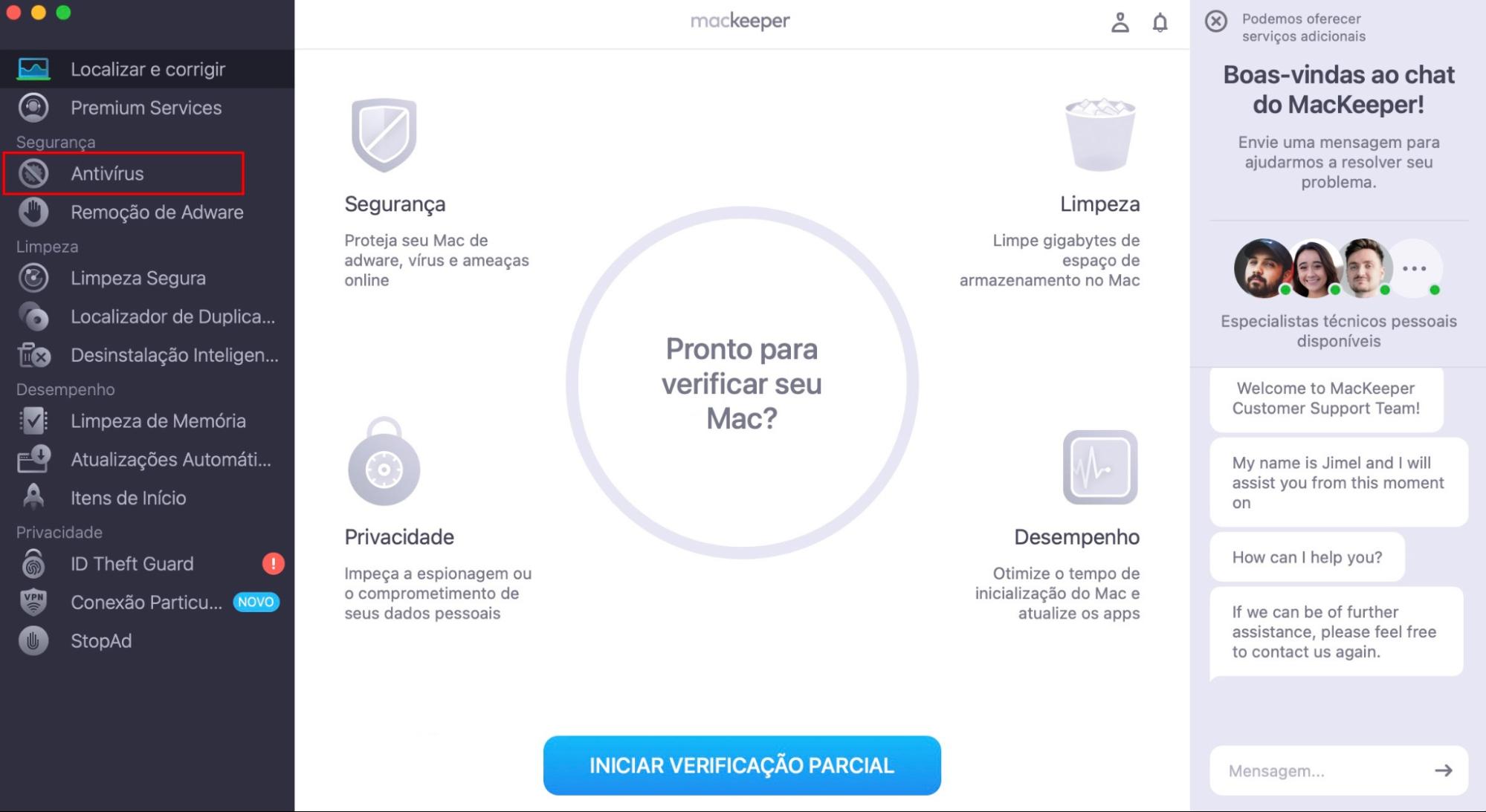 Se você suspeitar que há malwares no seu Mac, abra o MacKeeper e selecione a ferramenta Antivirus no menu lateral.