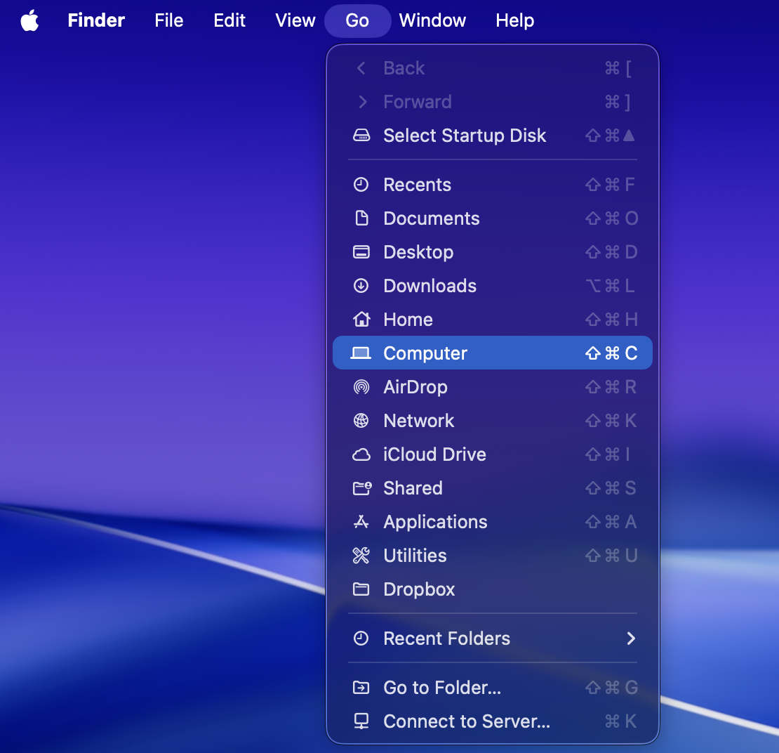 To find the biggest apps on your Mac using built-in features, first open Finder, then choose the Go menu, and select Computer.