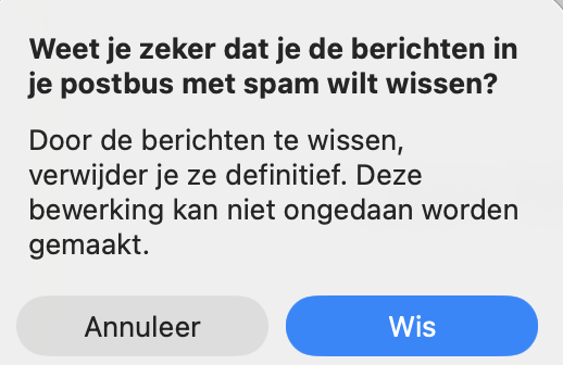 Een dialoogvenster in de Apple Mail app waarin wordt gevraagd om het wissen van ongewenste e-mails te bevestigen. Dit maakt deel uit van een handleiding over hoe je de Mail cache op een Mac wist.