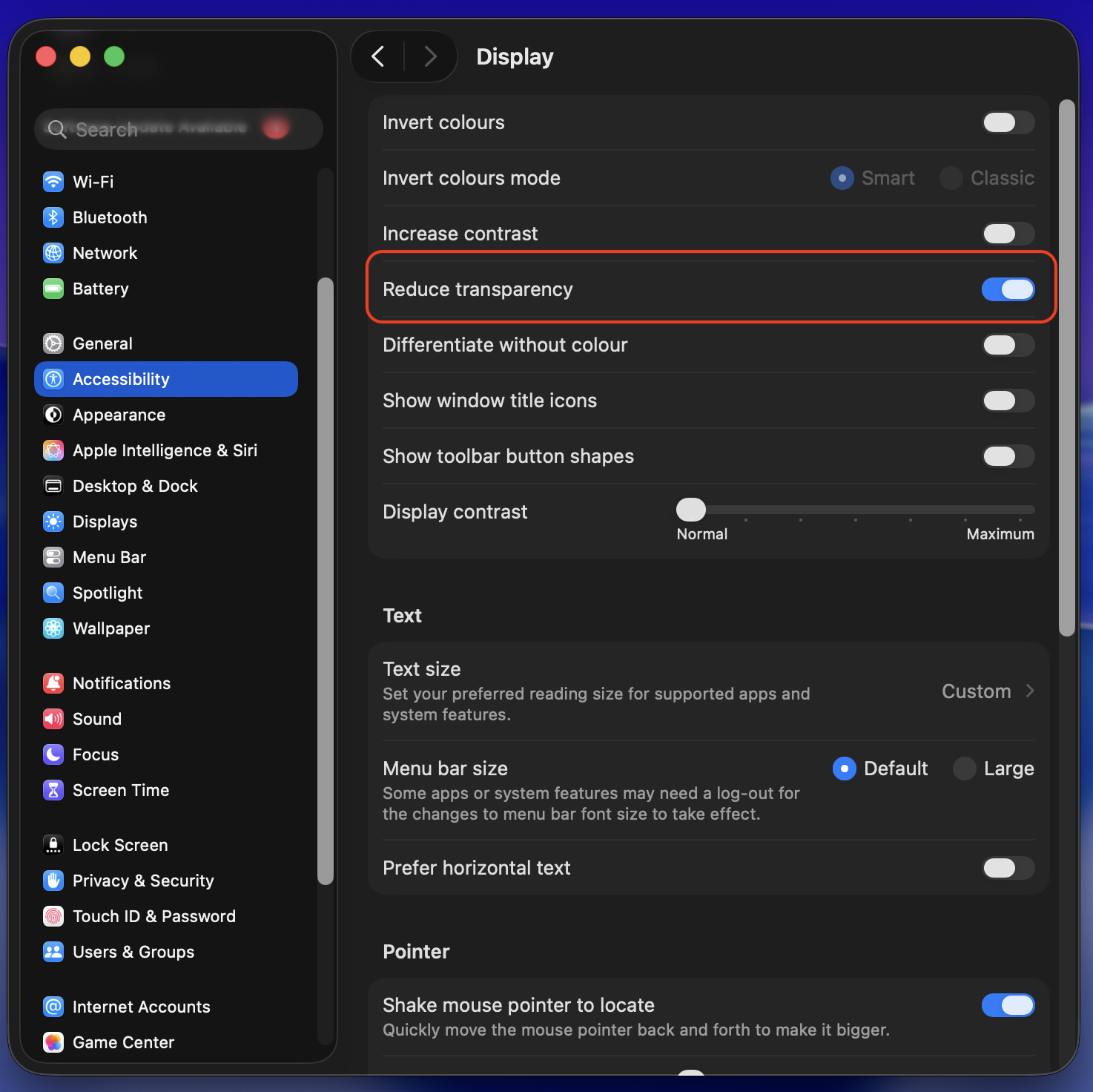 Toggle the switch or check the box for Enable Reduce transparency in Display settings. Doing this will reduce MTLCompilerService’s high CPU usage.