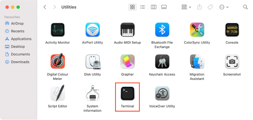 To use Terminal to manage XprotectService’s high CPU usage, launch the app from the Utilities folder.