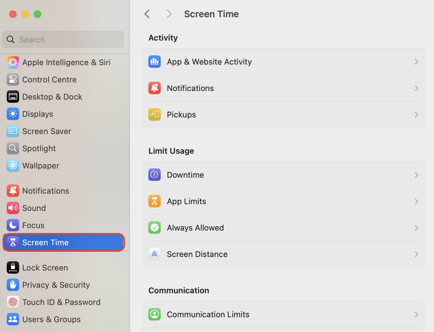 Open System Settings from the Apple menu, then click Screen Time in the sidebar to reach the App Limits, Communication Limits, and Content & Privacy options.