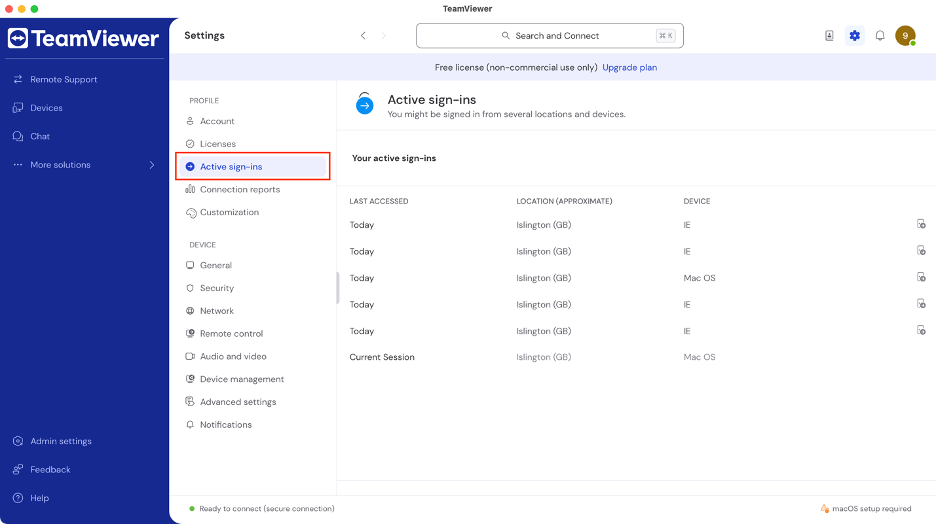 To review active sessions on TeamViewer from your Mac, click the Settings icon, then select Active sign-ins from the sidebar menu.