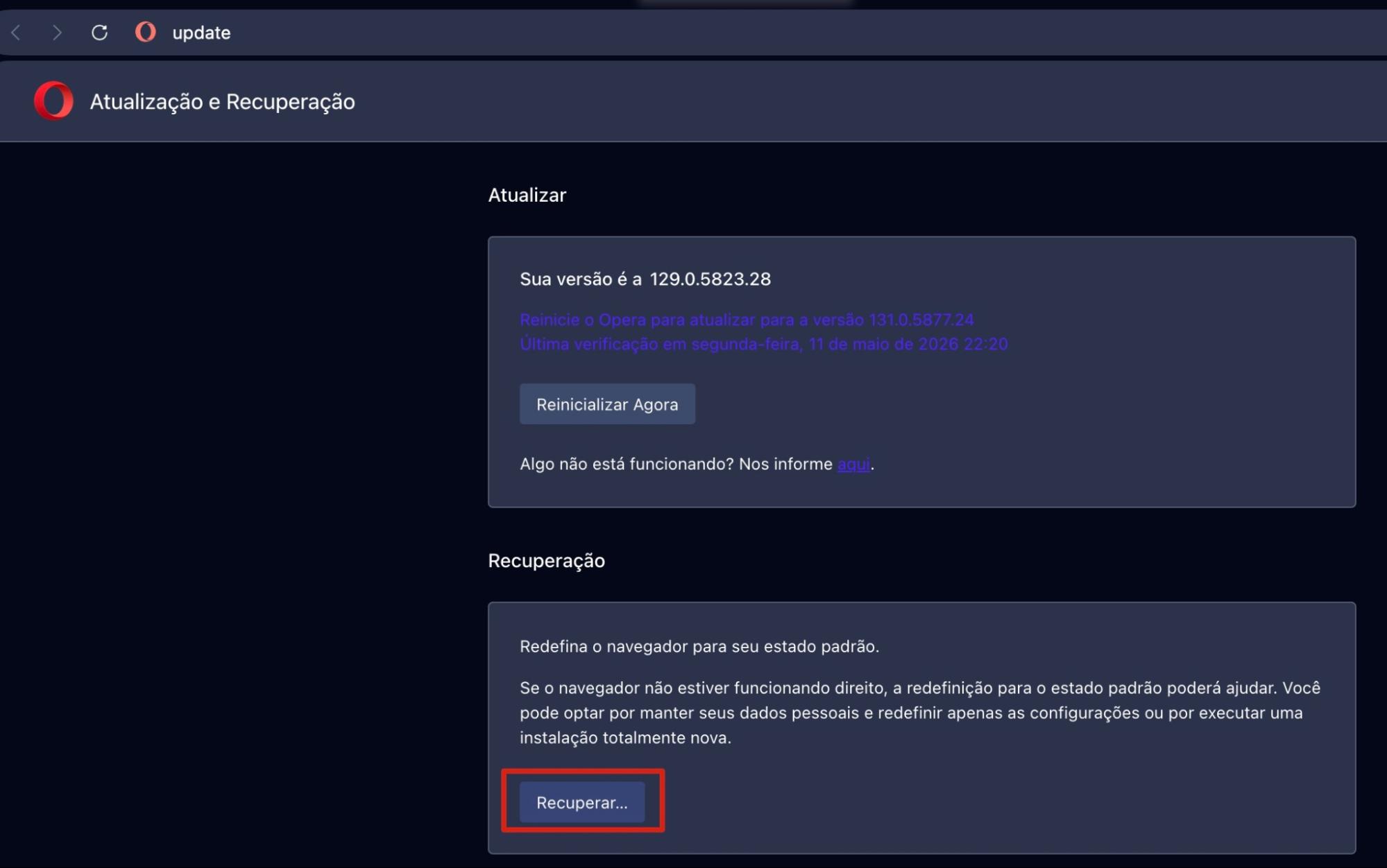 Tela Atualização e Recuperação do Opera, com Recuperação > Recuperar destacado. Como redefinir o Opera, um passo em um guia sobre como parar pop-ups falsos do McAfee no Mac.