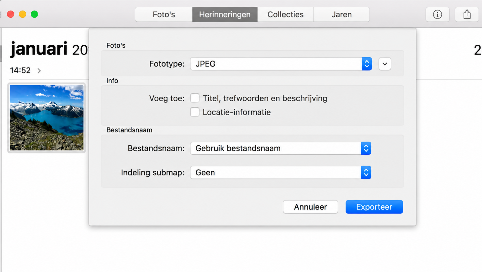 Om meerdere afbeeldingen tegelijk te converteren, kun je Archief > Exporteer gebruiken en de namen van je foto’s wijzigen. Daarnaast kun je verschillende andere instellingen aanpassen, zoals submapformaten.