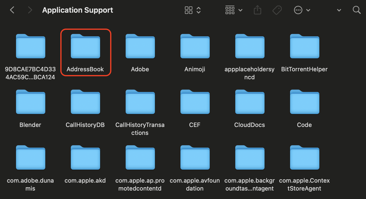 Find the AddressBook folder in the Application Support directory and rename it to AddressBook-old to force macOS to create a fresh contacts database.
