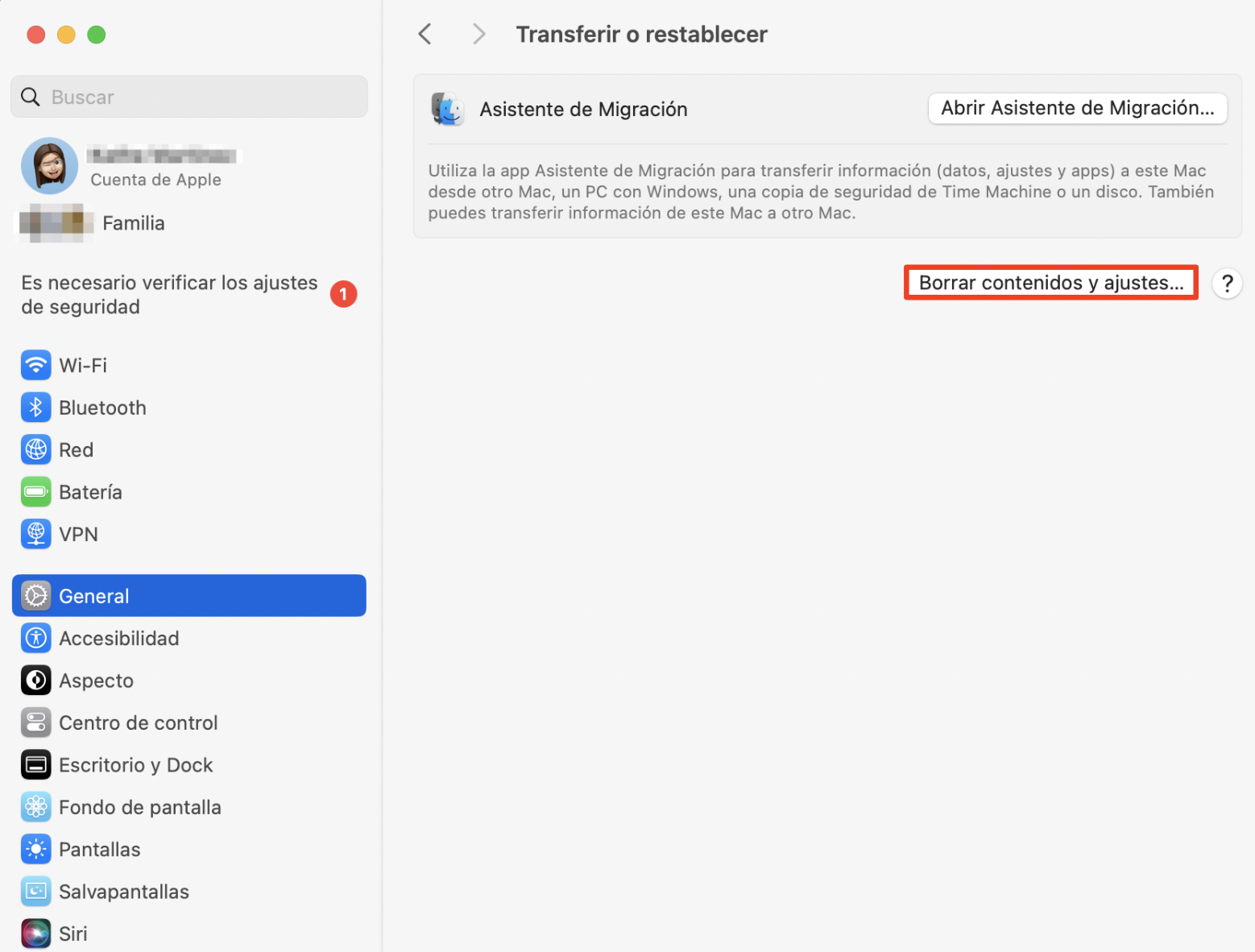 Transferir o restablecer la configuración en un Mac, con Borrar contenidos y ajustes resaltada. Cómo arreglar servicio de cuentas quiere usar los mensajes de llavero de inicio de sesión.