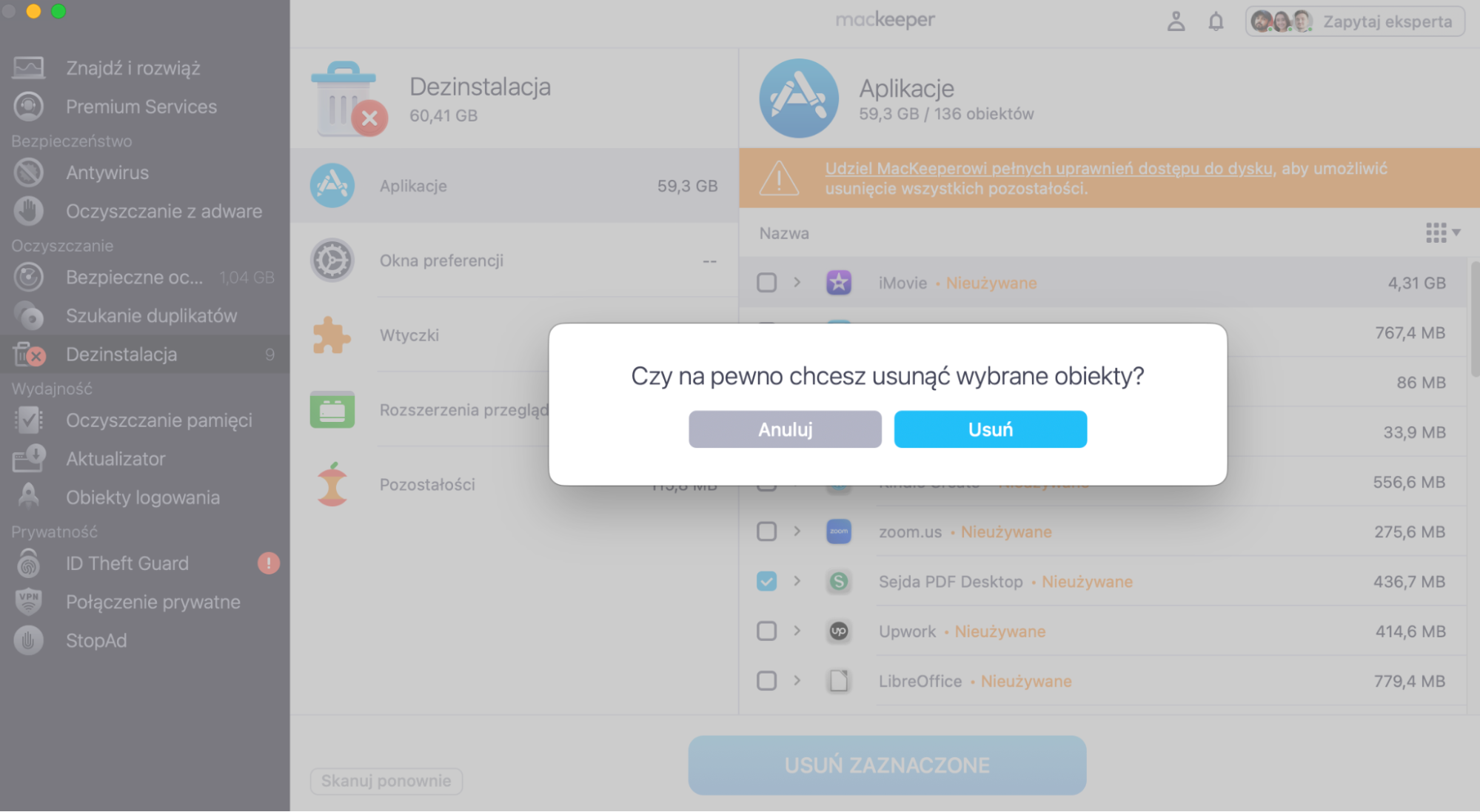 Odinstaluj programy z zakładki Programy za pomocą funkcji Dezinstalacja w MacKeeper.
