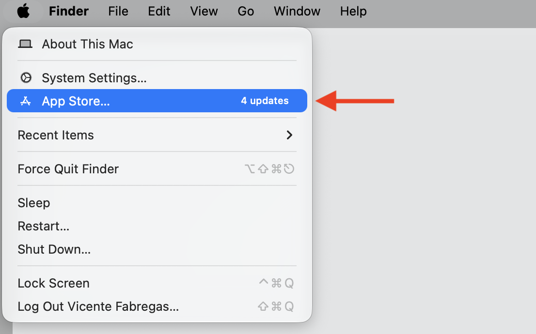 The Apple menu on a MacBook with App Store selected to check for updates when an app is not opening on your Apple computer.