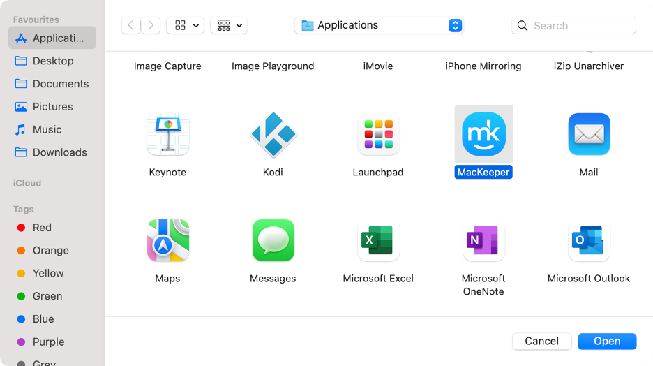 To allow full disk access on Mac, select the app and click Open.