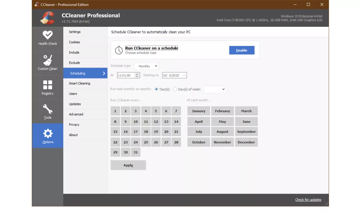Programa la limpieza con CCleaner para mantener tu Mac en perfectas condiciones las 24 horas. Puedes elegir programación diaria, mensual y semanal. Esta función sólo funciona en Windows.