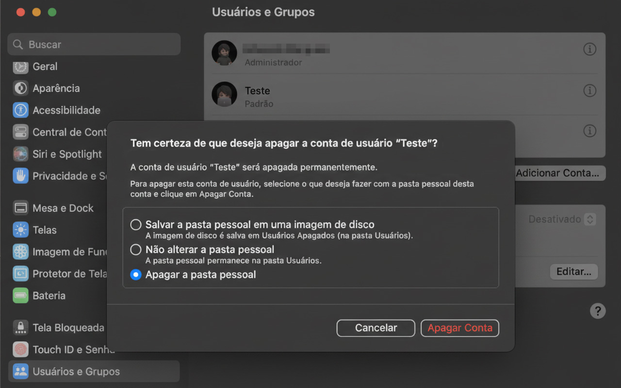 Os Ajustes do Sistema no Mac mostram o menu Usuários e Grupos. Para excluir uma conta de usuário antiga, clique no botão i ao lado da conta e depois selecione Excluir Usuário.