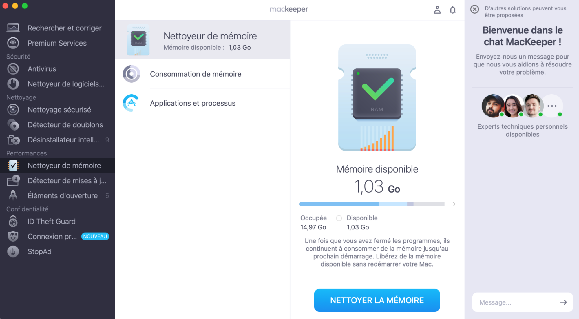 Consultez la section Consommation de mémoire et cliquez sur Nettoyer la mémoire. Dans la section Applications et processus, sélectionnez les processus inutiles et arrêtez-les.