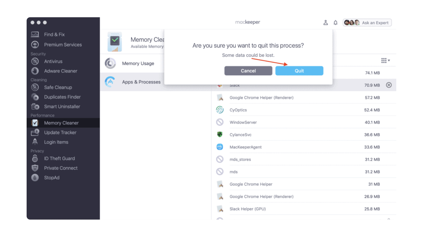 After choosing the process you want to quit, you'll see a pop-up message. Click on Quit to confirm your choice and end the process on your device.