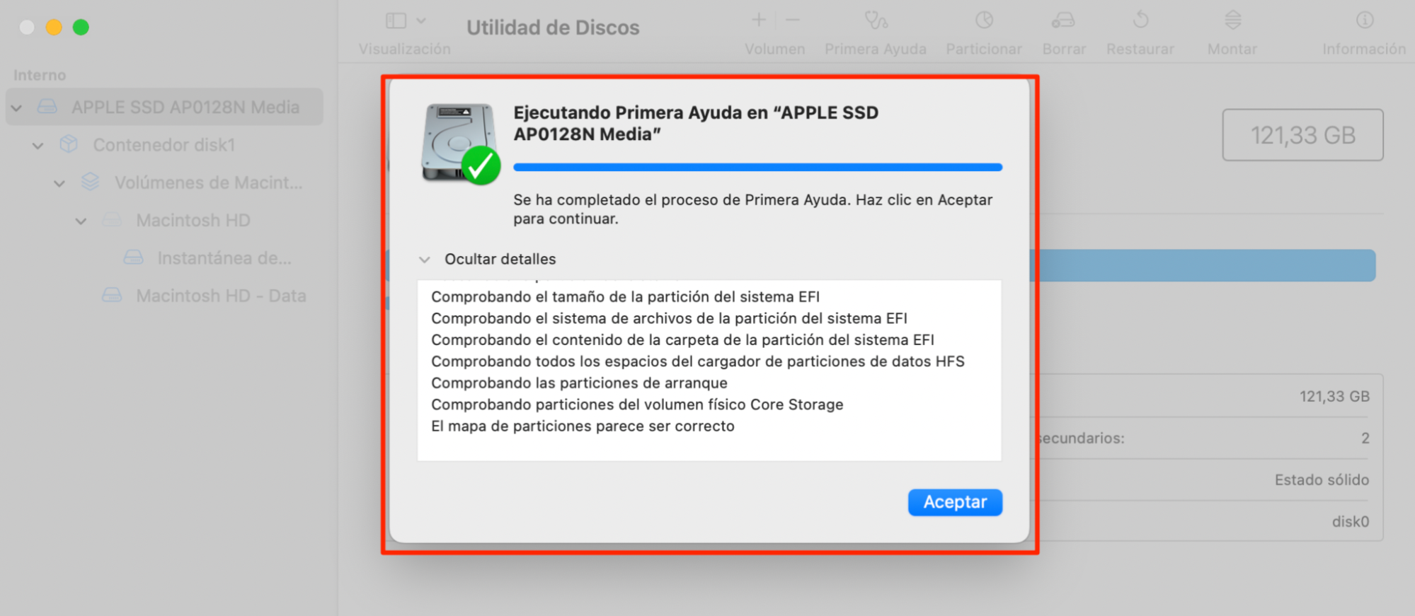 Sigue las indicaciones que aparezcan en la pantalla. Es normal que tu Mac se congele temporalmente durante la reparación. Una vez completado el proceso, un informe mostrará lo que se reparó o los problemas encontrados.