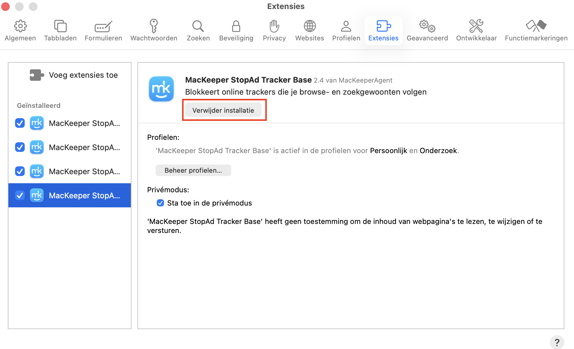 Het venster ‘Voorkeuren’ van Safari op de Mac toont het tabblad ‘Extensies’. Selecteer een extensie die je wilt verwijderen en klik vervolgens op de knop ‘Verwijder installatie’.