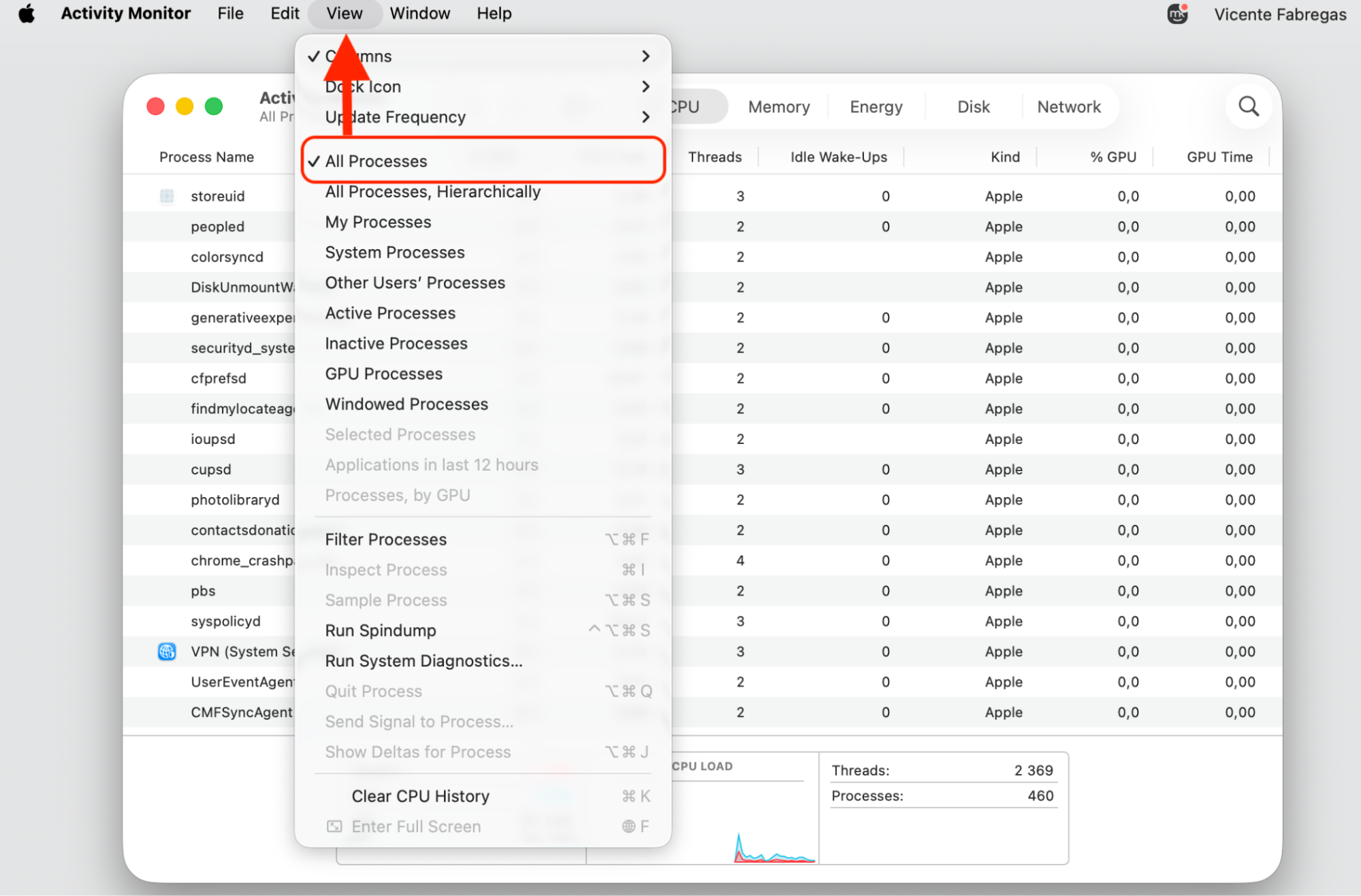 Activity Monitor View menu open on an iMac with All Processes ticked, revealing every task so you can find sentineld causing high CPU usage.