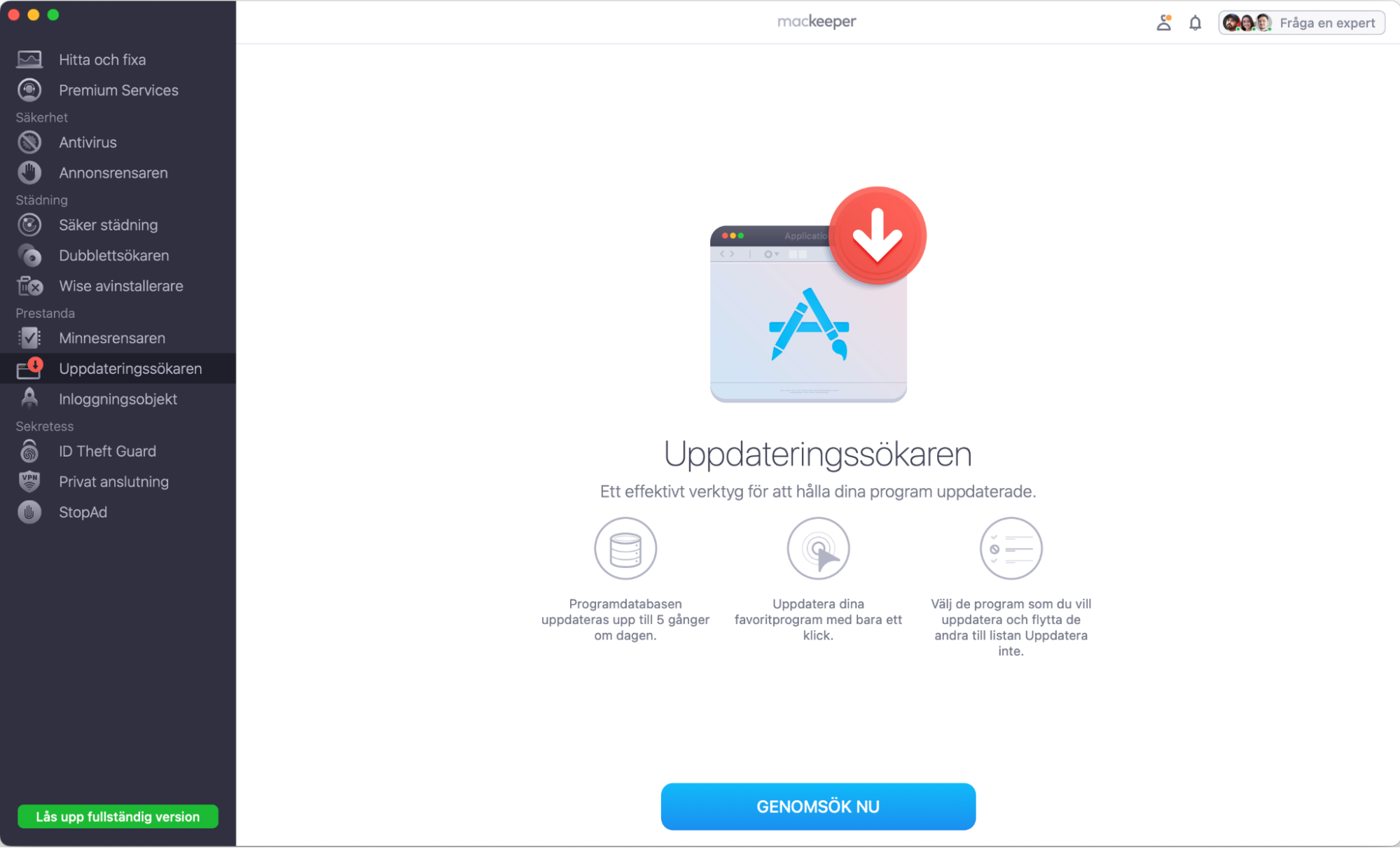 För att uppdatera appar på din Mac, öppna MacKeeper och välj Uppdateringssökaren i sidofältet, klicka sedan på Genomsök nu.