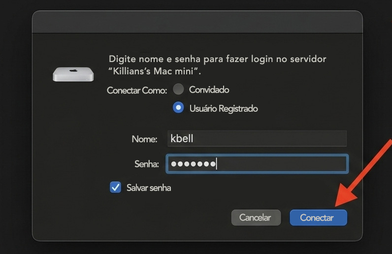 O aviso de conexão de Rede no Mac mostrando as opções de login. Para usar o compartilhamento de arquivos via Bluetooth para copiar arquivos de um Mac para outro, insira o nome de usuário e a senha de administrador do seu Mac antigo e clique em Conectar.