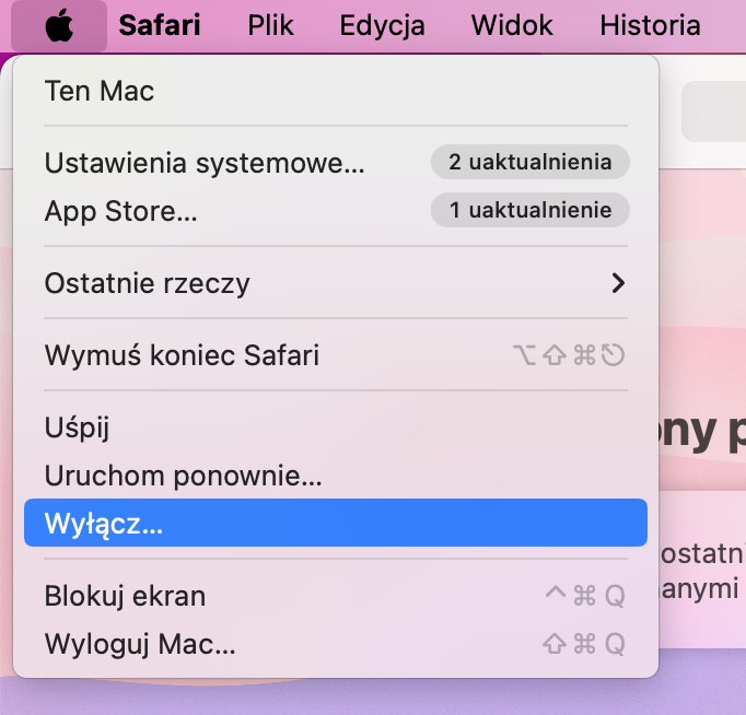 Aby uruchomić Maca w trybie bezpiecznym i pomóc naprawić spowolnienie lub zawieszanie się, musisz najpierw wyłączyć urządzenie, klikając ikonę Apple i wybierając Wyłącz.