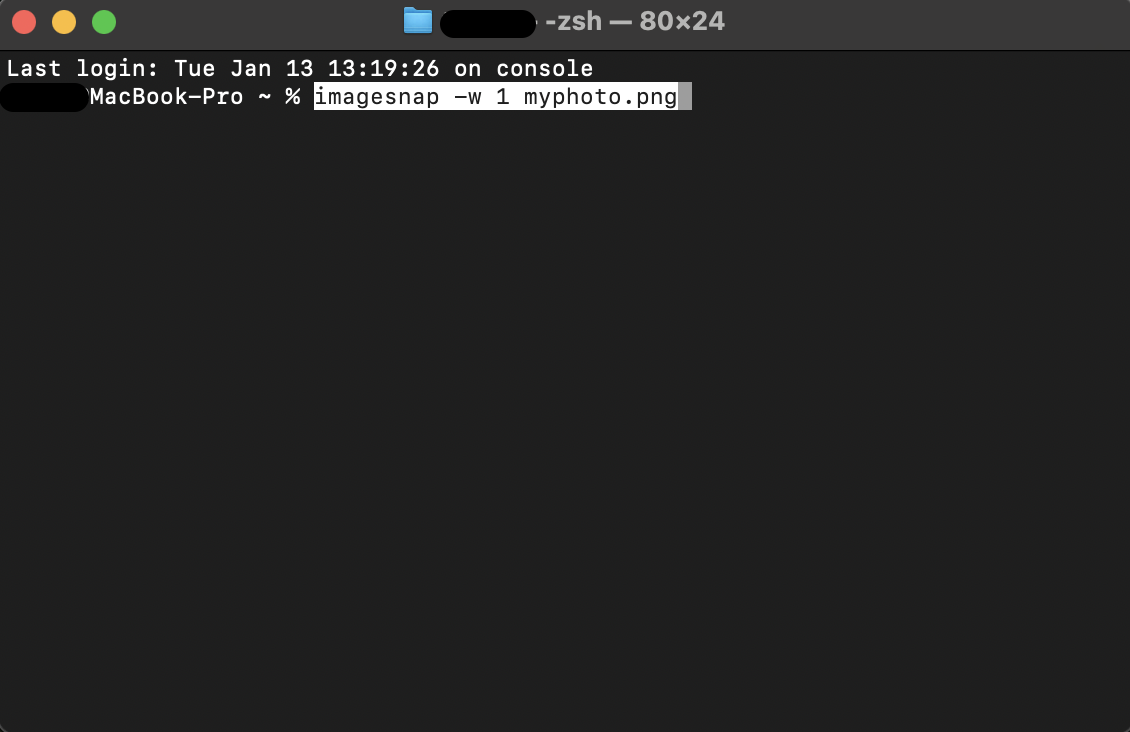 Type the command imagesnap -w 1 myphoto.png into Terminal to capture a photo through your webcam after a one-second delay.