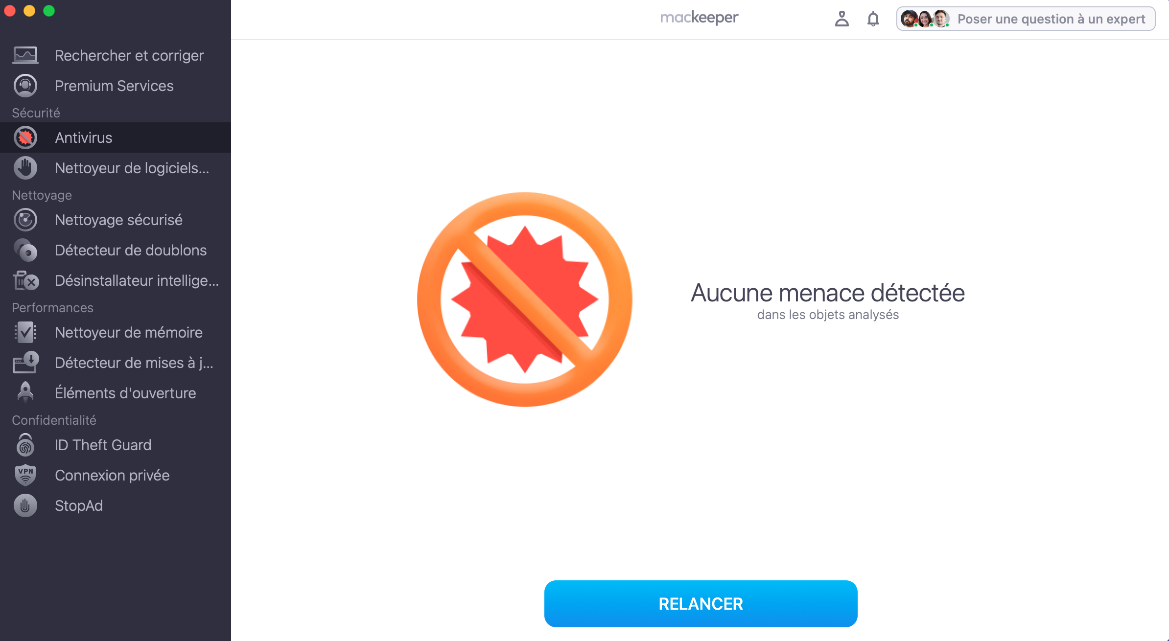 L'Antivirus de MacKeeper liste les éventuelles menaces trouvées pendant l'analyse. Supprimez-les ou mettez-les en quarantaine.