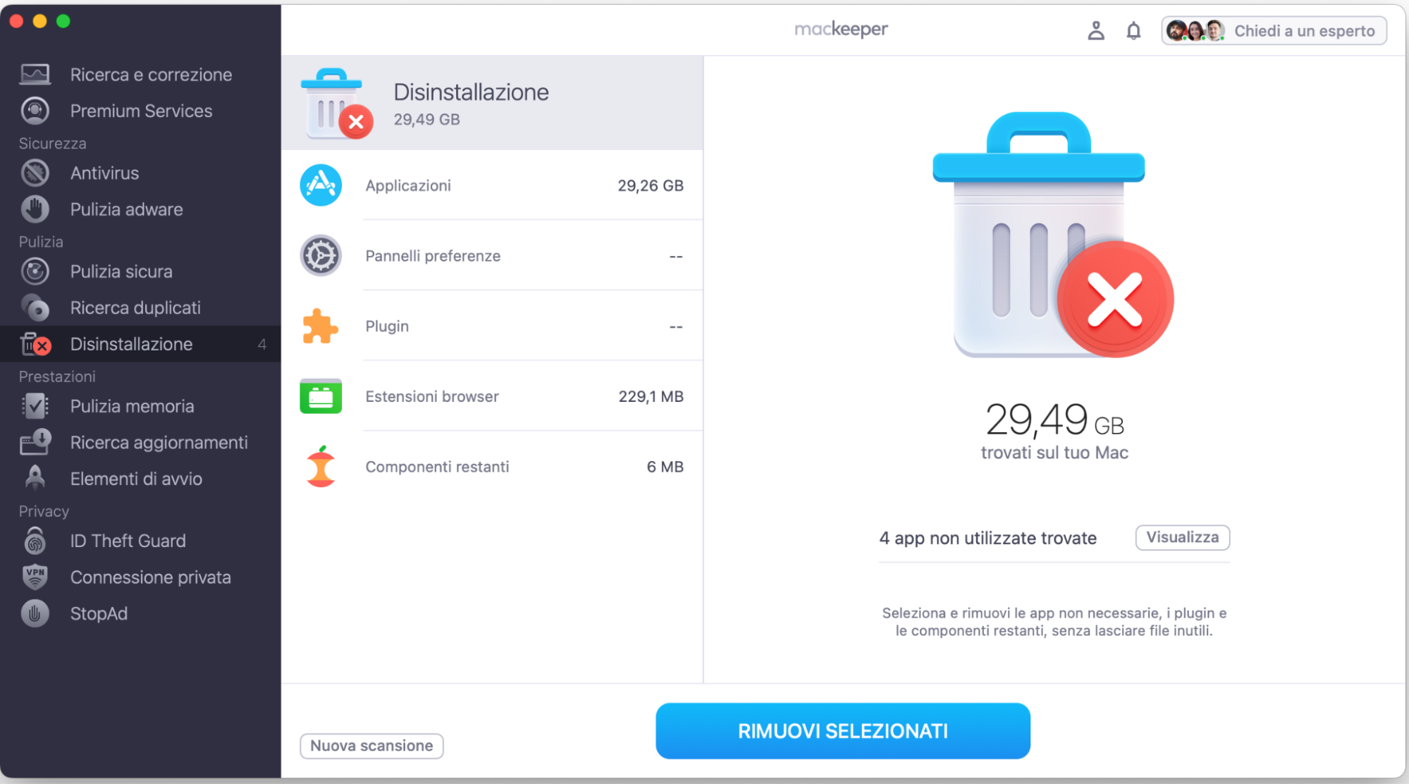 Seleziona i file che vuoi eliminare, poi clicca su Rimuovi selezionati.