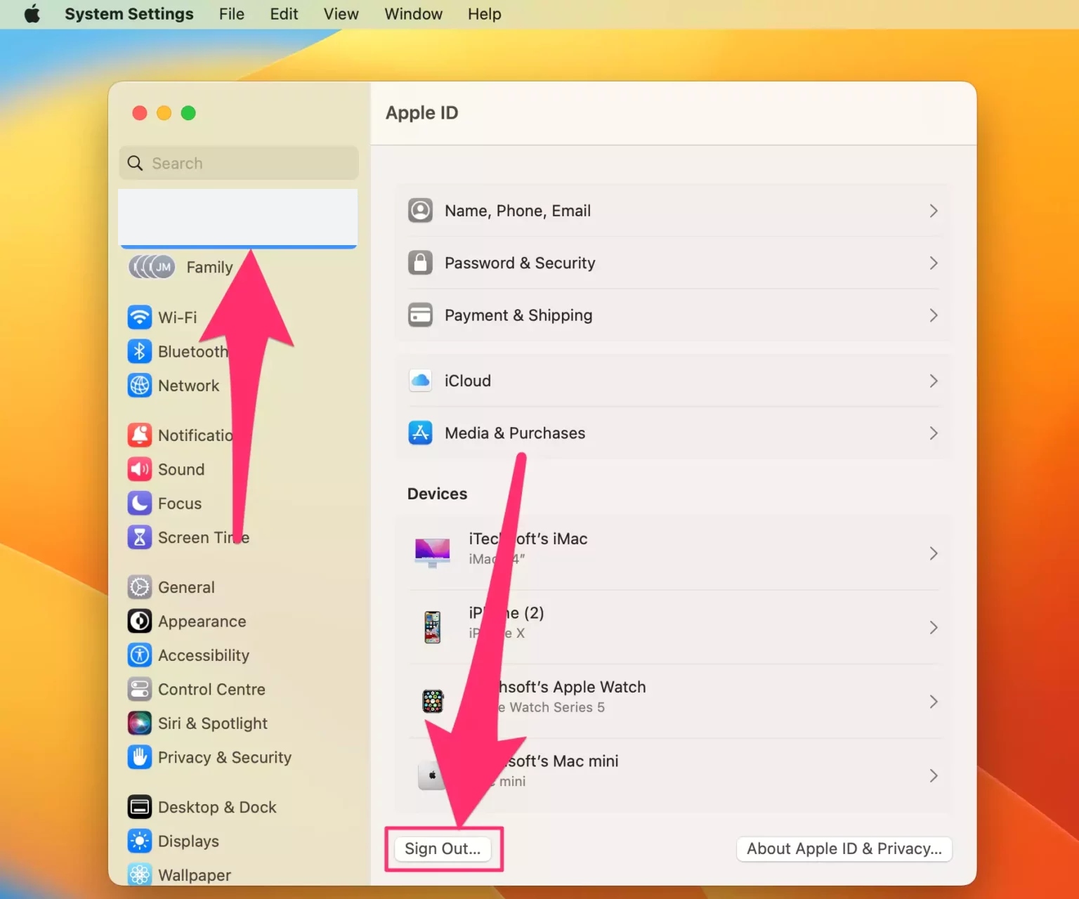 Still in System Settings, click on Apple Account and the Sign Out button to sign out of iCloud on macOS Ventura or later.