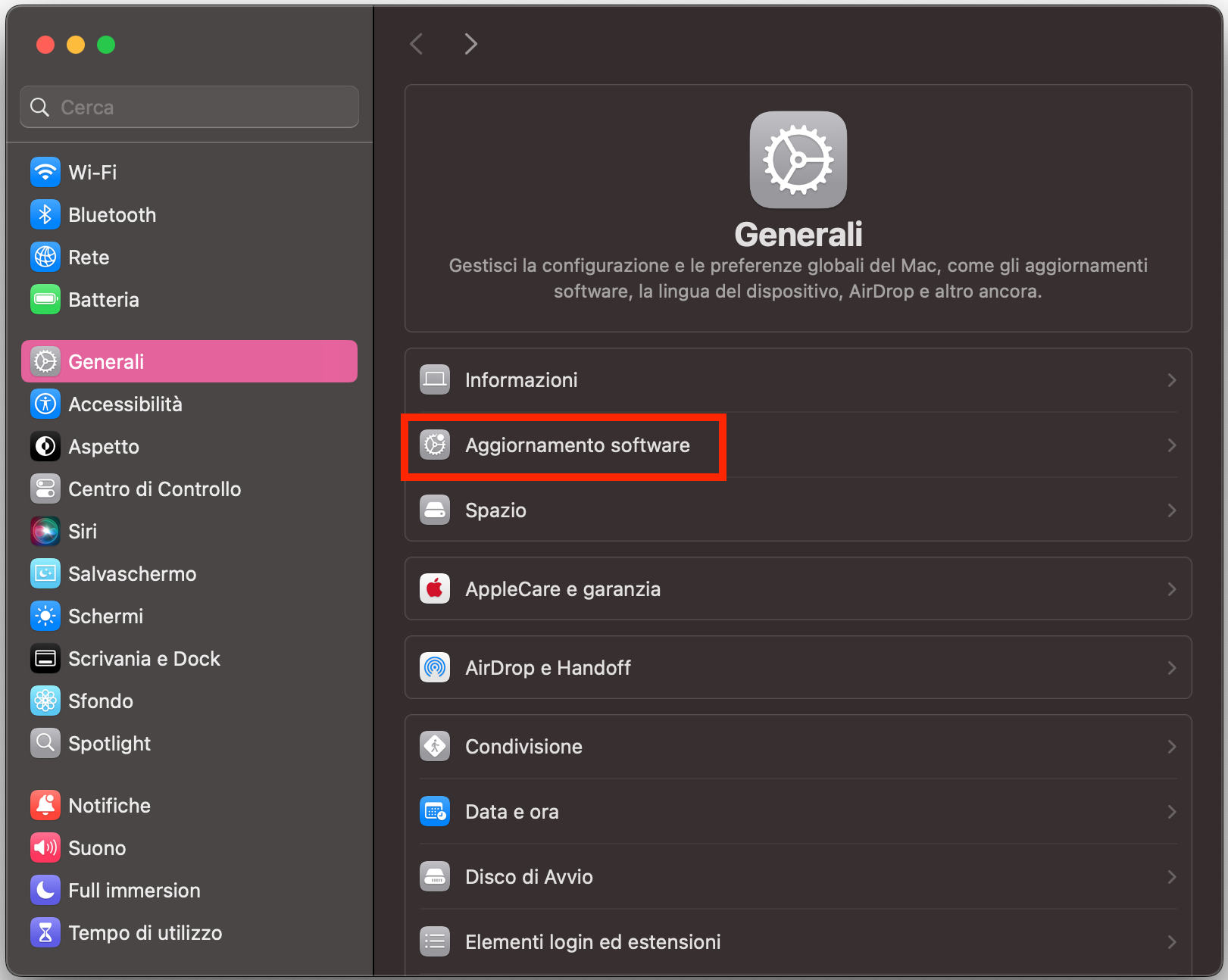 La sezione Aggiornamento Software nelle Impostazioni di Sistema del Mac, utile per verificare e installare gli aggiornamenti di macOS.
