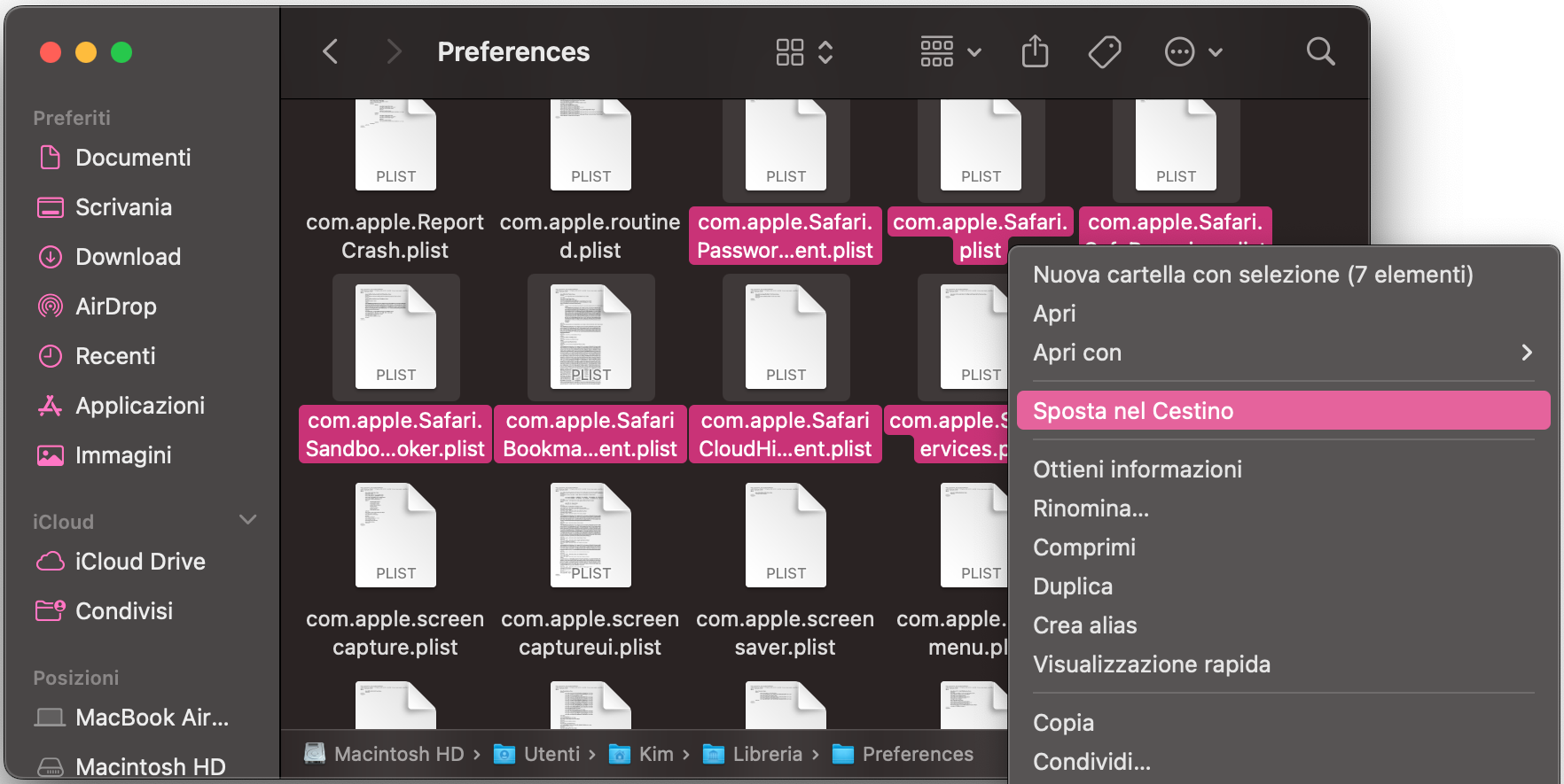 Da lì, usa la barra di ricerca e le cartelle indicate nei passaggi per trovare i file legati a Safari. Seleziona quelli con la parola Safari e clicca su Sposta nel Cestino.