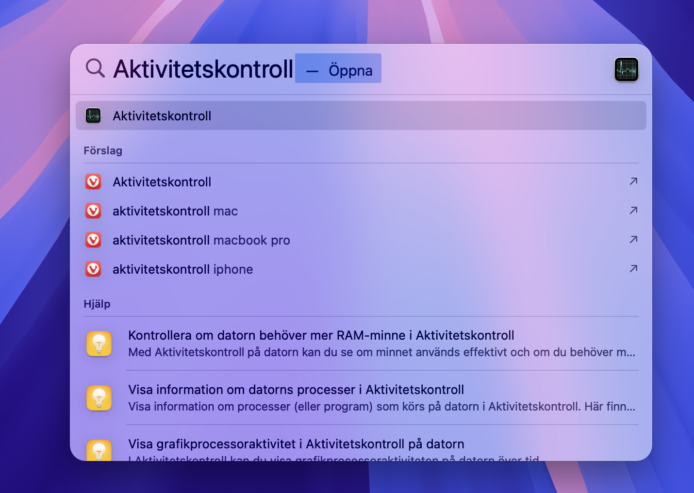 För att tvångsavsluta en app i Aktivitetskontroll, öppna Spotlight-sökning med cmd + space. Skriv sedan in 'aktivitetskontroll' och tryck Enter.
