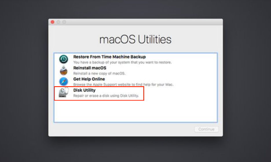 To factory reset your MacBook Pro with High Sierra, select Disk Utility from the Recovery mode menu.