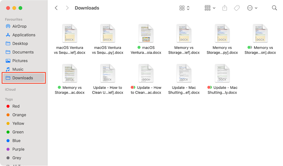 To free up storage on Mac, go to Finder, then select Downloads from the left sidebar.