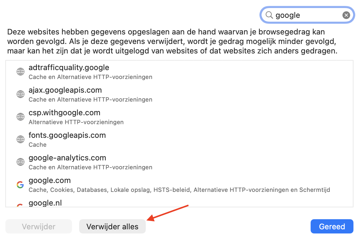 Safari op de Mac toont alle websitegegevens. Klik op Verwijder alles en vervolgens op Verwijder nu om alle cachebestanden te wissen.