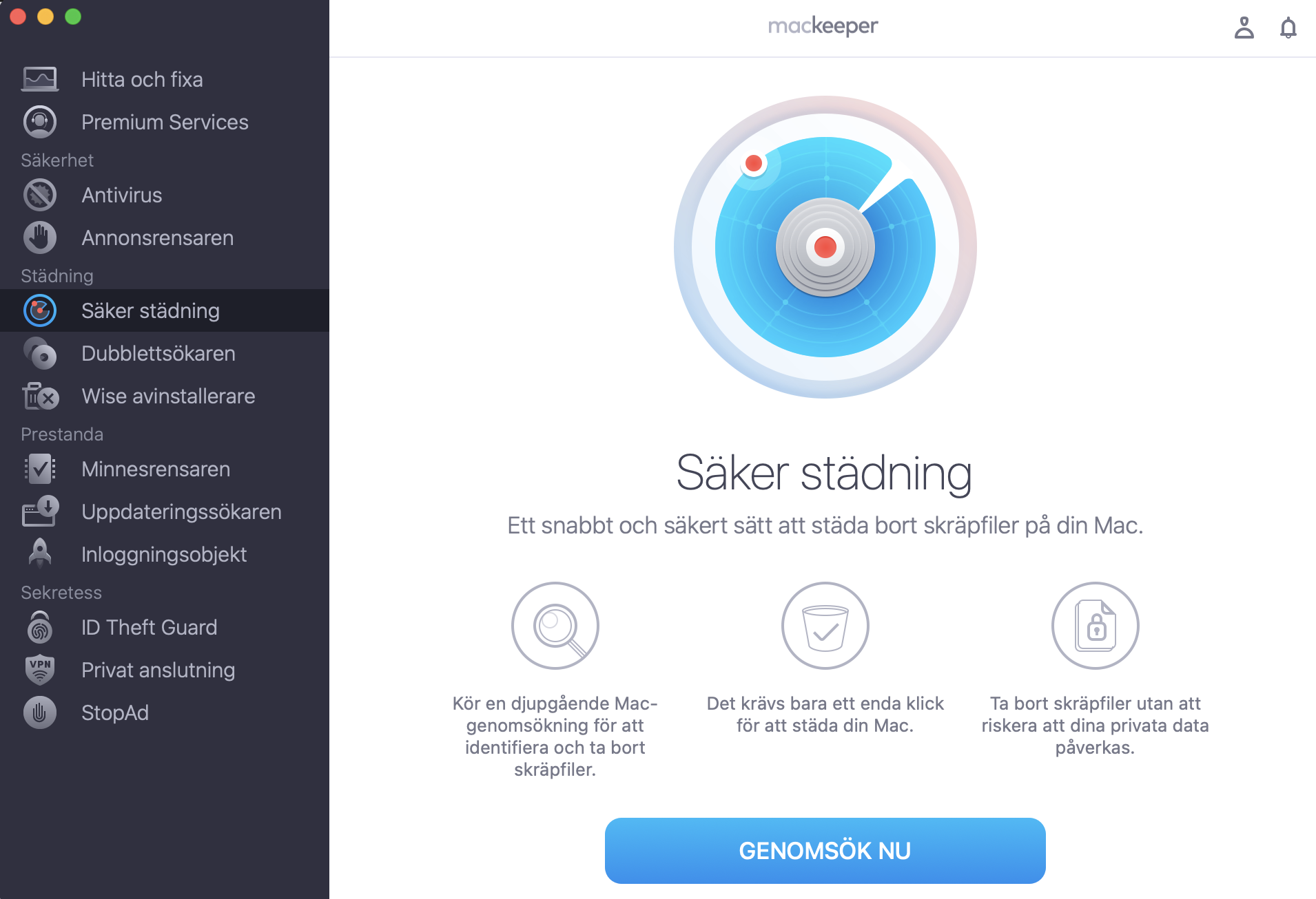 För att ta bort skräpfiler och snabba upp din Mac, använd MacKeepers funktion Säker städning. Öppna MacKeeper och gå till Säker städning och klicka på Genomsök nu