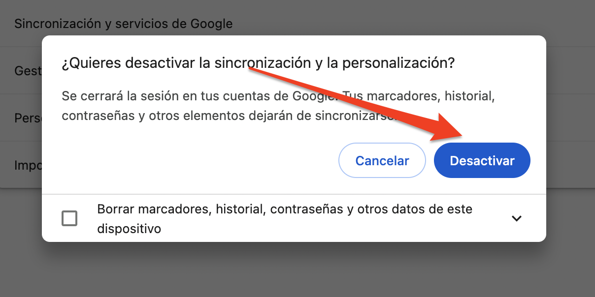 Haz clic en Desactivar en una nueva ventana para desactivar la sincronización y la personalización.