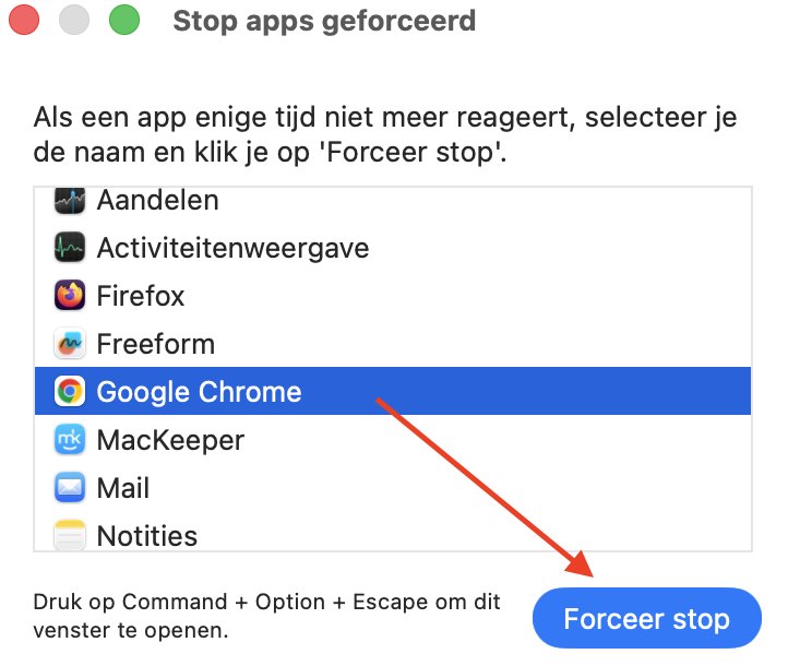 Het venster  Forceer stop op je Mac toont een lijst met alle actieve apps. Selecteer de app die je wilt stoppen en klik vervolgens op  Forceer stop.