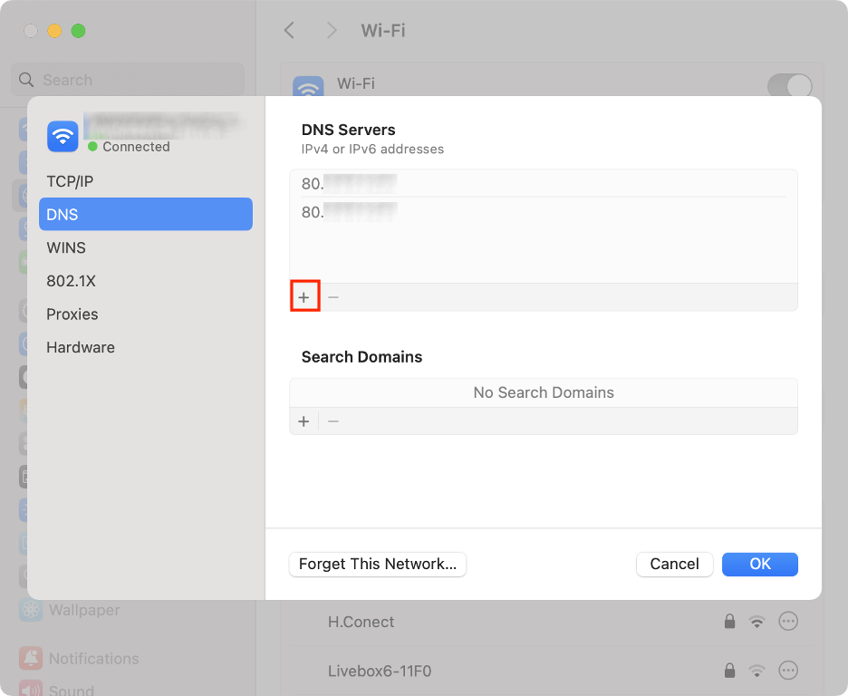 To solve your Mac’s Internet issues, go to the DNS tab and click the + button to add a new, faster DNS address that speeds up your Internet.