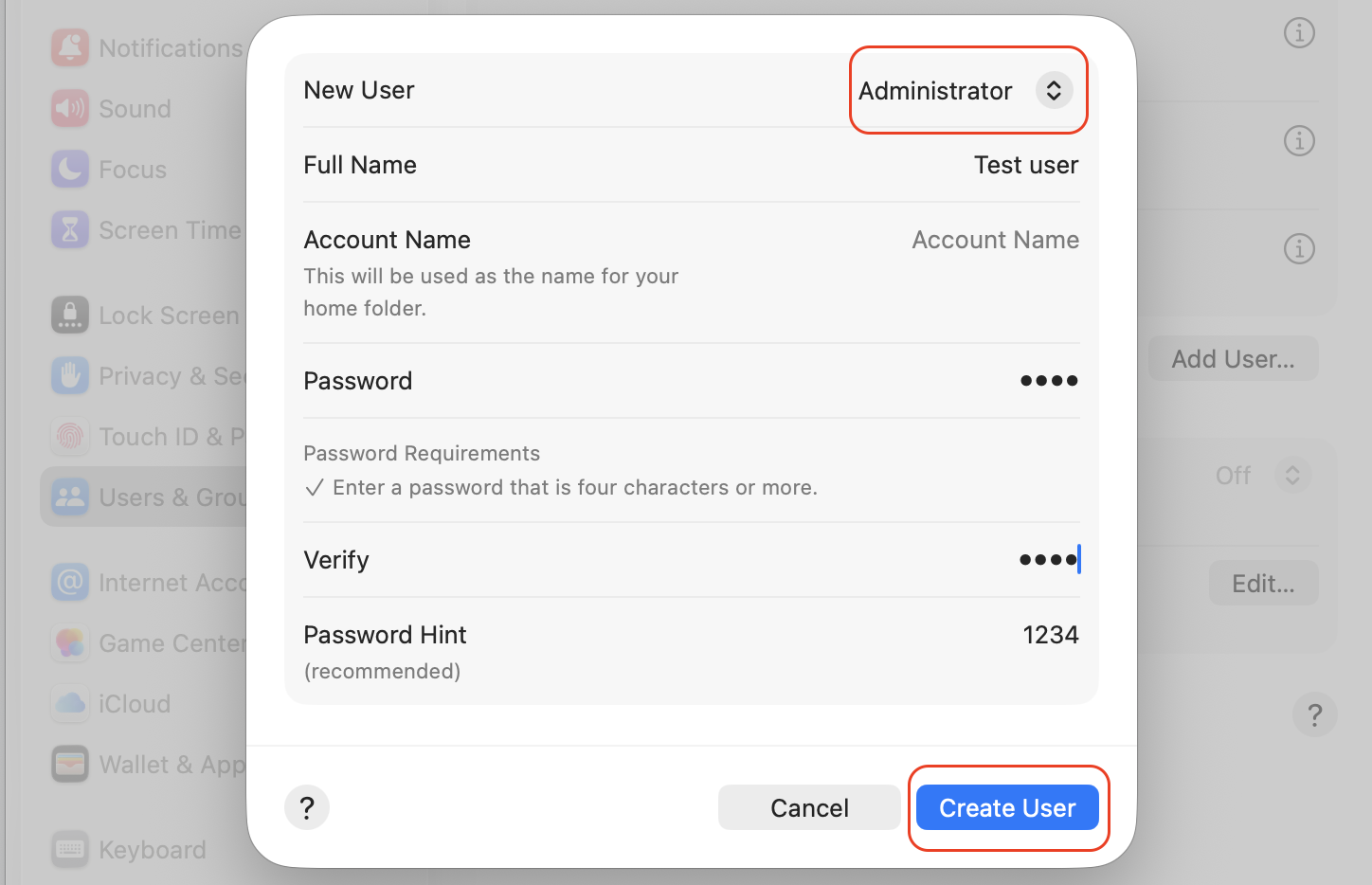 macOS new account dialog on a MacBook set to Administrator with a password entered, and the Create User button to add the test profile.